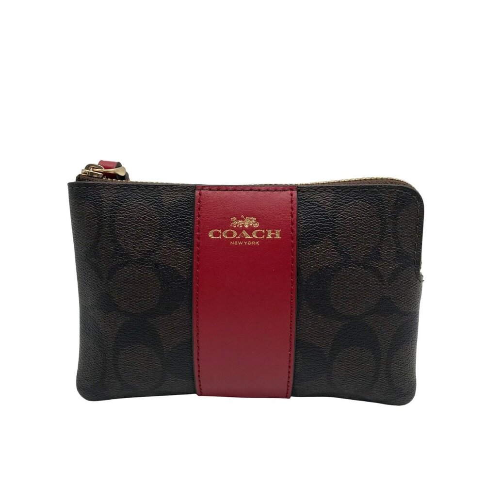 Coach Bold Red & Walnut Corner Signature Canvas Zip Wristlet